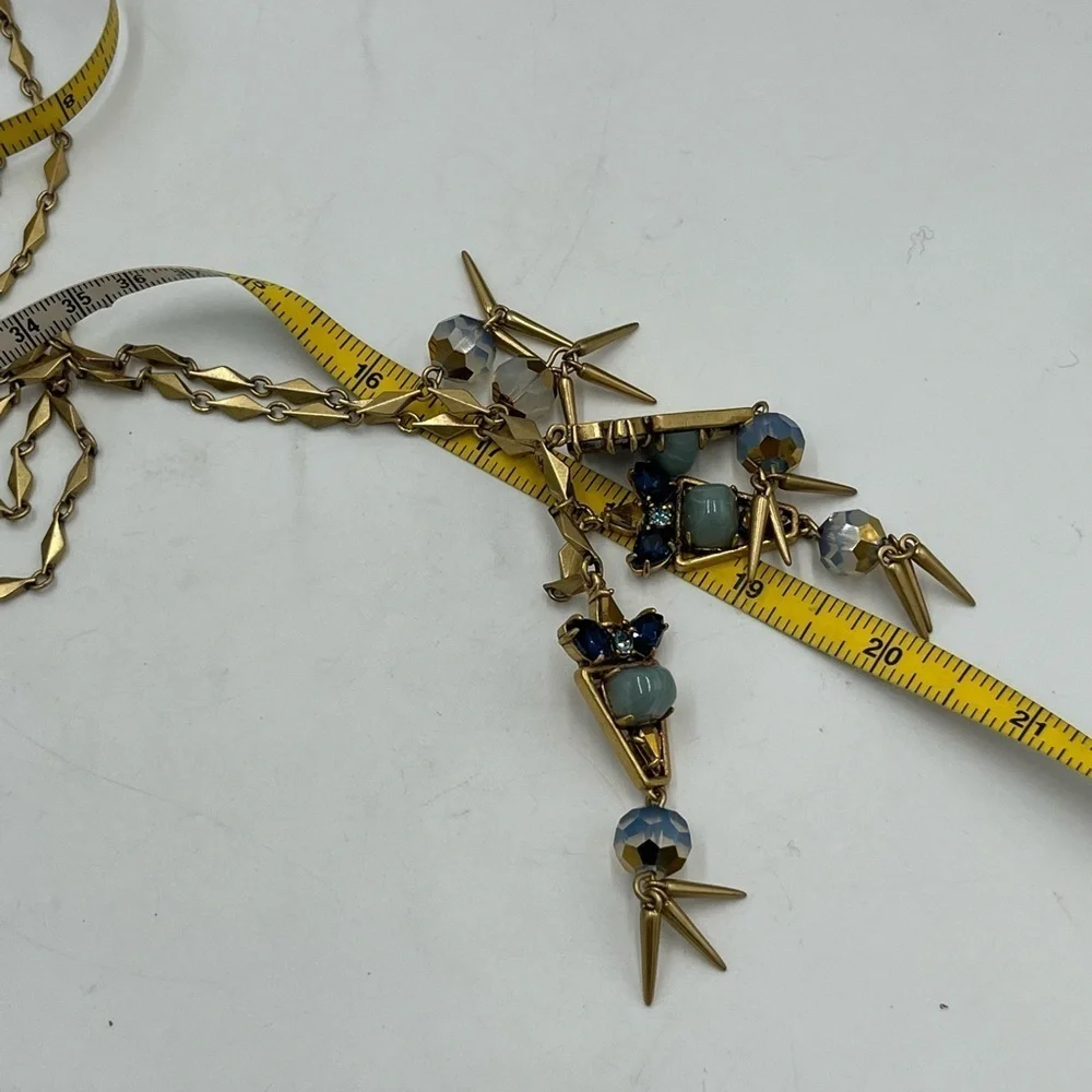 J. Crew Gold Tone Blue Aurora Borealis Blue Cabochon Spike Long Necklace New‎